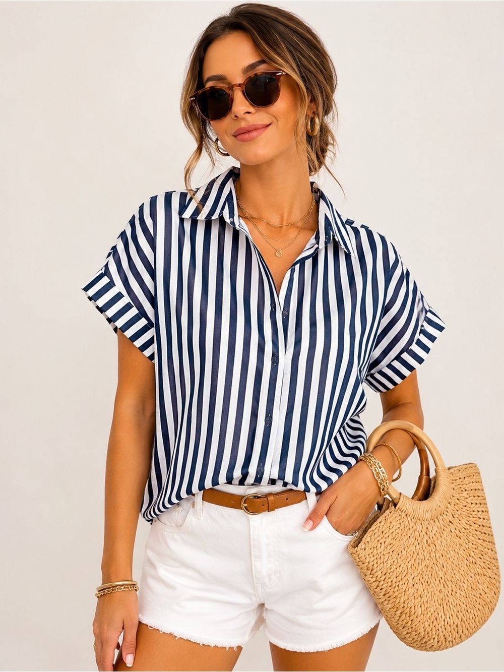 Hope & Harlow Blue White Vertical Stripe Button Front Shirt XL Oversized